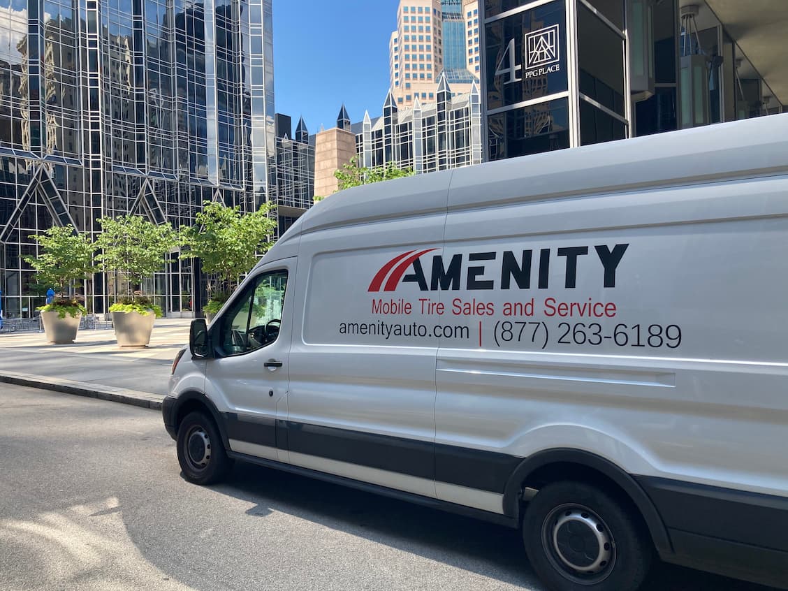 Amenity Mobile Tires, a mobile tire shop, in downtown Pittsburgh, Pennsylvania.